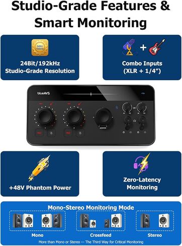 blueAVS (blueCaster TWO) واجهة صوت USB - واجهة تسجيل استوديو 24 بت/192 كيلو هرتز، USB-C و48 فولت Phantom Power ASIO Driver للجيتار والبودكاست والاستديو المنزلي DAW والبث والبث الصوتي in Kuwait