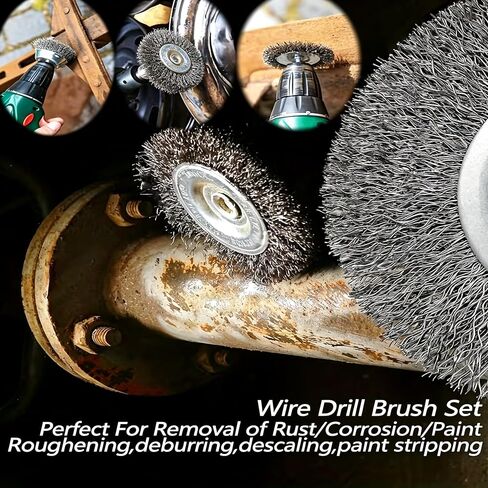3-Piece Wire Brush Set with 1/4" Hex Shank, Pen Cup & T-Type High-Carbon Steel Drill Brushes, Rust Paint Remover Deburring Polishing Tools for Metal Wood Automotive Workshop in Kuwait