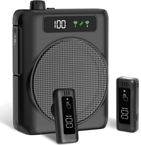 Wireless Voice Amplifier Lavalier Microphone, Portable Voice Amplifier with 2 Wireless Microphones,One-Touch Mute,Built-in Rechargeable Microphone Compartment, for Teachers, Tour Guides (Black) in Kuwait
