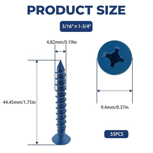 3/16" x 1-3/4" Concrete Screw, Blue Flat Head Anchors for Cement, Stucco, Block, Brick or Masonry (55Pcs) in Kuwait