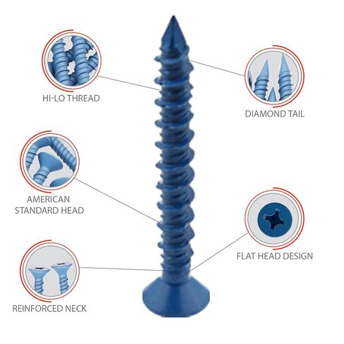3/16" x 1-3/4" Concrete Screw, Blue Flat Head Anchors for Cement, Stucco, Block, Brick or Masonry (55Pcs) in Kuwait