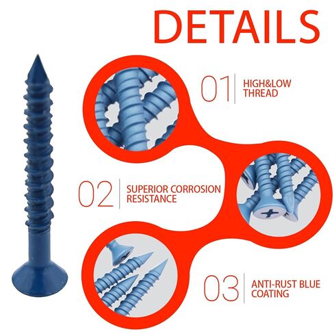 3/16" x 1-3/4" Concrete Screw, Blue Flat Head Anchors for Cement, Stucco, Block, Brick or Masonry (55Pcs) in Kuwait