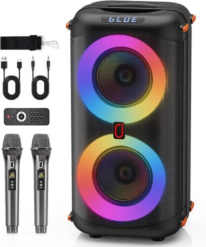 Karaoke Machine with 2 Wireless Microphones, Portable Bluetooth Karaoke Speaker for Adults, Big Party PA System with Dicso Lights & Dual 6.5" Stage Subwoofers for Home Outdoor, Ideal Gifts for All in Kuwait