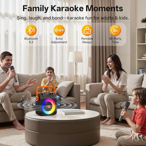Karaoke Machine, Portable Bluetooth Karaoke Speaker with 2 Wireless Microphones for Adults, PA System with Echo Adjustment, LED Lights, Supports USB/TF/REC/FM/AUX, for Home Party, Outdoor in Kuwait