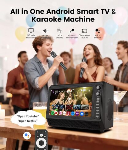 15.6 inch Smart Karaoke Machine for Adults with Lyrics Display, 200W Peak Power,Bluetooth Karaoke Speaker with 2 Microphones,Supports HDMI/USB/AUX Bluetooth Karaoke Machine for Home Party Camping in Kuwait
