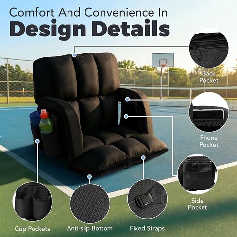 Stadium Seats with Back Support Wide, 4.7" Padded Bleacher Seat, 6-Position Reclining Bleacher Chairs with Back and Cushion, Sofa Style Ergonomic Design for Sports Games Baseball Football (22.5"Grey) in Kuwait
