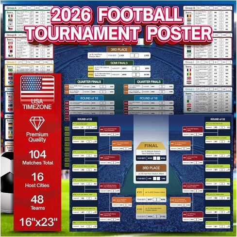 2026 World Cup Soccer Schedule Poster 16.5" x 23.6" – 2 Pieces, Full Tournament Match Schedule, Group Stage Tracker & Knockout Bracket, Perfect Wall Decor for Fans, Game Nights & Sports Rooms in Kuwait