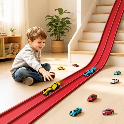 مسار منحدر مرن لسباق السيارات بطول 16 قدمًا للأطفال مع أكواب شفط، متوافق مع سيارات Diecast 1/64، يمكن لف هدايا حفلات السباق المحمولة للأولاد من سن 3 إلى 10 سنوات (أزرق السباق) in Kuwait