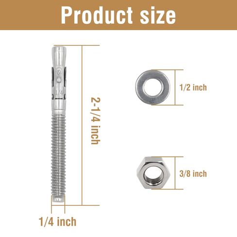 مرساة إسفين 1/4 بوصة × 2-1/4 للخرسانة، مرساة مسمار شديدة التحمل، قفل مسمار توسيع من الفولاذ المقاوم للصدأ للطوب/الكتل الخرسانية عالية القوة، حجر طبيعي، 8 قطع in Kuwait