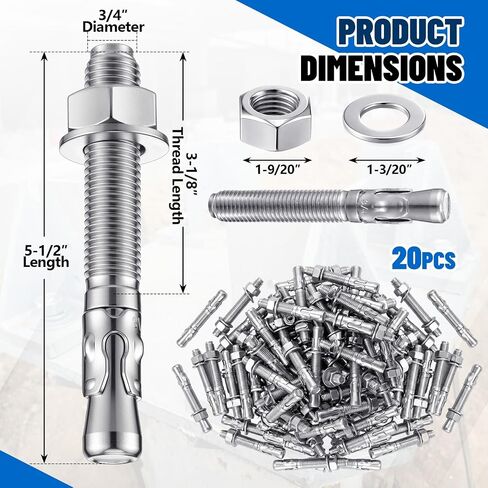 Moxweyeni 20 Pcs 3/4" x 5-1/2" Heavy Duty Wedge Anchors Zinc Plated with Nuts and Washers, Concrete Anchors for Concrete and Cement for Construction Industrial DIY in Saudi Arabia