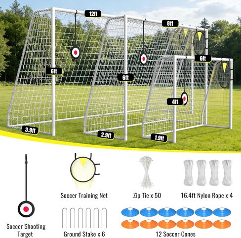 هدف كرة القدم Suteck للفناء الخلفي، هدف كرة قدم معدني عالي التحمل 12x6FT/8x6FT/6x4FT، إطار فولاذي مجلفن، شبكة كرة قدم خارجية مقاومة للصدأ، مجموعة تدريب كرة القدم مع هدف ومخاريط للأطفال والكبار in Kuwait