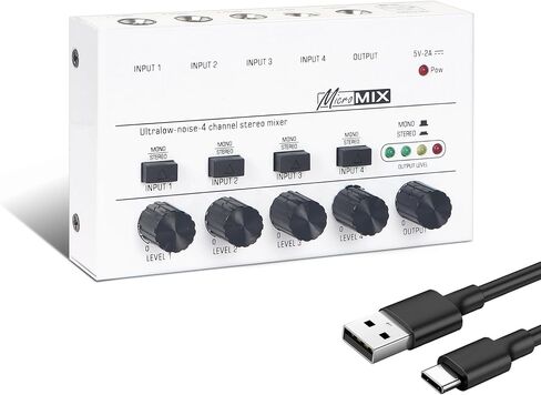 Horse Audio Mixer Line Mixer, 4-Channel Stereo Line Mixer for Sub-Mixing, Ultra Low Noise Operation, for Guitar, Microphone, Bass, Digital Keyboard, Suitable for Bar and Small Club, White in Kuwait