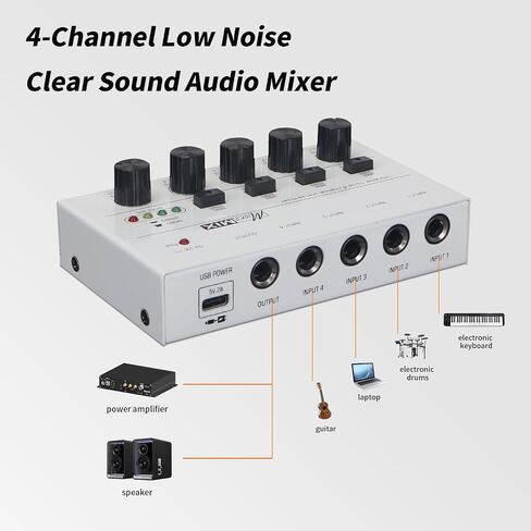 Horse Audio Mixer Line Mixer, 4-Channel Stereo Line Mixer for Sub-Mixing, Ultra Low Noise Operation, for Guitar, Microphone, Bass, Digital Keyboard, Suitable for Bar and Small Club, White in Kuwait
