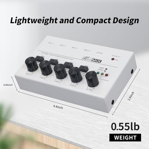 Horse Audio Mixer Line Mixer, 4-Channel Stereo Line Mixer for Sub-Mixing, Ultra Low Noise Operation, for Guitar, Microphone, Bass, Digital Keyboard, Suitable for Bar and Small Club, White in Kuwait