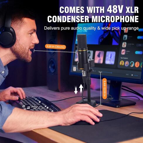 حزمة معدات البودكاست RHM X7، خلاط طاقة فانتوم 48 فولت مع ميكروفون مكثف XLR، مزيل صوتي، 4 وسادات صوت قابلة للتخصيص، تقليل الضوضاء 16 مستوى، مدخل جيتار 6.35 مم، شاشة LCD، لـ TikTok، YouTube in Kuwait