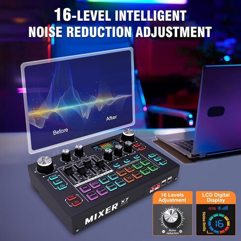 حزمة معدات البودكاست RHM X7، خلاط طاقة فانتوم 48 فولت مع ميكروفون مكثف XLR، مزيل صوتي، 4 وسادات صوت قابلة للتخصيص، تقليل الضوضاء 16 مستوى، مدخل جيتار 6.35 مم، شاشة LCD، لـ TikTok، YouTube in Kuwait
