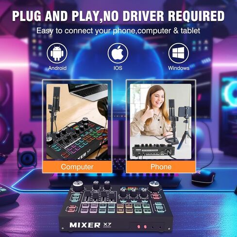حزمة معدات البودكاست RHM X7، خلاط طاقة فانتوم 48 فولت مع ميكروفون مكثف XLR، مزيل صوتي، 4 وسادات صوت قابلة للتخصيص، تقليل الضوضاء 16 مستوى، مدخل جيتار 6.35 مم، شاشة LCD، لـ TikTok، YouTube in Kuwait