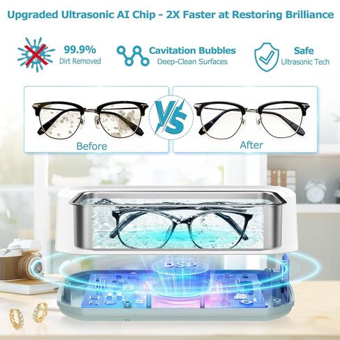 Ultrasonic Jewelry Cleaner, 49 kHz Ultrasonic Cleaner Machine for Glasses, Jewelry, Rings, Earrings, Eyeglasses, Retainers, Dentures | 22 oz 304 Stainless Steel Tank, 3 Cleaning Modes in Kuwait