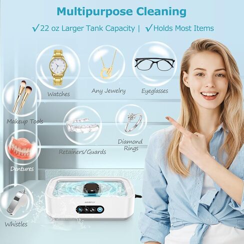 Ultrasonic Jewelry Cleaner, 49 kHz Ultrasonic Cleaner Machine for Glasses, Jewelry, Rings, Earrings, Eyeglasses, Retainers, Dentures | 22 oz 304 Stainless Steel Tank, 3 Cleaning Modes in Kuwait