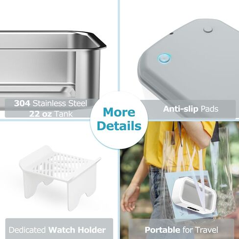 Ultrasonic Jewelry Cleaner, 49 kHz Ultrasonic Cleaner Machine for Glasses, Jewelry, Rings, Earrings, Eyeglasses, Retainers, Dentures | 22 oz 304 Stainless Steel Tank, 3 Cleaning Modes in Kuwait