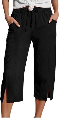 Capri Pants for Women High Waisted Drawstring Capris Slit Straight Leg Athletic Cropped Pants with Pockets in Kuwait