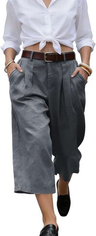 Cotton Linen Capris Pants for Women Summer Casual Loose High Waist Wide Leg Lounge Beach Vacation Cropped Trousers in Kuwait