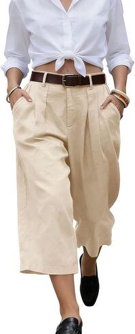 Cotton Linen Capris Pants for Women Summer Casual Loose High Waist Wide Leg Lounge Beach Vacation Cropped Trousers in Kuwait