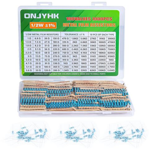 100Values 1000PCS 1/2W Resistors Assortment Kit 1 Ohm to 5.6M Ohm 1/2Watt 1% Metal Film Resistor Assorted Set in Kuwait
