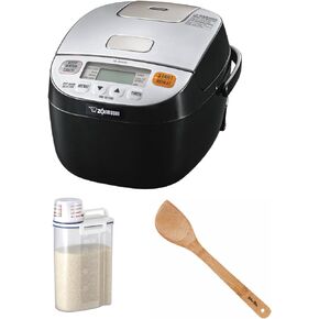 مجموعة جهاز طهي الأرز وسخانه زوجيروشي ميكوم (3 أكواب، فضي-أسود) مع ملعقة من الخيزران، وصندوق حاوية الأرز (3 قطع) in Kuwait