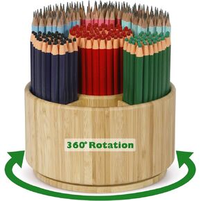 Bamboo Rotating Round Art Supply Organizer, Pencil Holder Desk Organizer with 7 Compartments, Office Supplies Desktop Storage Caddy for Colored Pencils, Markers, Paint Brushes and Cooking Utensil