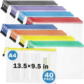 40 Pack Mesh Zipper Pouch Bags, A4 Mesh Bags with Zipper in 8 Color, Waterproof Zip File Folder Pouch for Organization Storage, Letter Size Zipper Bag for Classroom/Home/Office