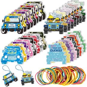 Sratte 320 Pcs Duck Duck Card Ducked Card Duck Tags Rubber Bands Set, Duck Duck Tags, Duck Ducking Game Card for Car, 160 Duck Tag with Round Hole and 160 Rubber Bands, SUV Car Design