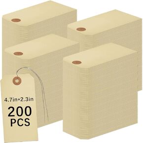 200PCS Manila tag with Wire tag 4 3/4 x 2 3/8 inch Blank Shipping tag Tape with Reinforcement Holes and Elastic Rope, Paper Luggage tag, (White)