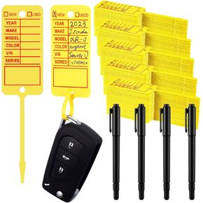 Lewtemi 500 Pcs Yellow Dealer Key Tags with 4 Pens Self Lock Arrow Car Key Tag 0.5 mm Dealership Tags Plastic Car Key Tags for Car Dealerships Office Shop Supplies