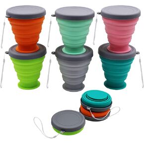 JIELUO Collapsible Silicone Cup - 6 Piece Collapsible Silicone Cup with Lid, Expandable Drinking Glasses Set, Reusable Cup, Suitable for Camping and Hiking