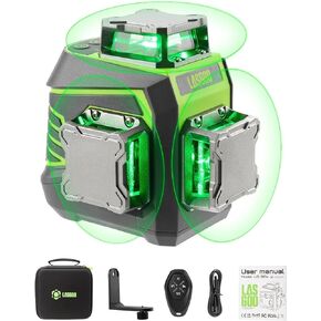 Laser Level 3x360° Self Leveling, 3D Green Cross Line Laser for Construction and Picture Hanging, Rechargeable Battery, Remote Control, Magnetic Rotating Stand Included - LG-3Dx
