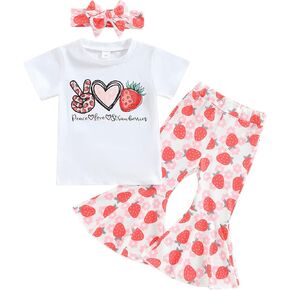 Rtnnsbbfcm Toddler Baby Girl Summer Clothes Short Sleeve Letter T-Shirt Top Strawberry Bell Bottom Pants Headband 3Pcs Outfit
