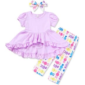 YOUNGER TREE Toddler Baby Girl Easter Outfits Ruffle Tops Dress Cartoon Rabbit Print Long Floral Pants Cotton Clothes Set