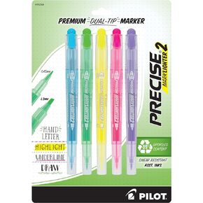 Pilot, Precise Marklighter2 Dual Tip Highlighters, Broad Chisel and Extra-Fine Bullet Point Tips, Assorted Colors, Pack of 5
