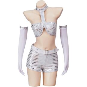 International Man of Mystery Cosplay Costume Women's Sexy Robot Lingerie Set Metallic Bra Top and Shorts Outfit