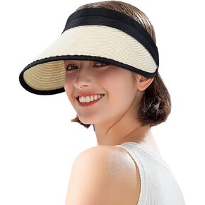 Peicees Wide Brim Visor for Women UV Protection Packable Straw Visor Sun Shade Ponytail Hat for Beach Travel Summer UPF 50+