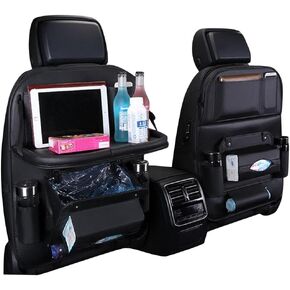 Car Back Seat Organizer with Trash Can Foldable Table Tray Tissue Holder Car Organizer for Backseat waterproof and Kick Mats Back Seat Protector (black 2pcs)