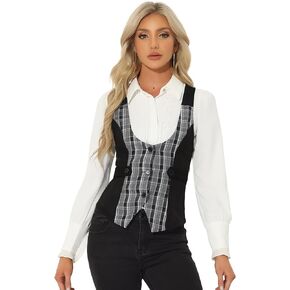 Allegra K Vintage Waistcoat Vest for Women's Plaid Button Down Sleeveless Faux Suede Panel Dressy Vests