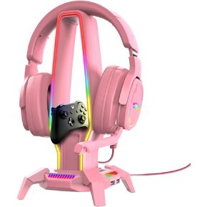 حامل سماعة رأس RGB مع 3 منافذ USB 3.0، وحامل 8 أوضاع إضاءة لسماعات الألعاب، وحامل وحدة التحكم مع منفذ من النوع C، ومنفذ مقبس 3.5 مم، وملحقات حامل سماعات الأذن لألعاب سطح المكتب (أبيض)