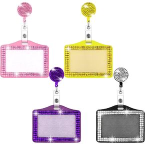 4 Pieces Bling ID Badge Holder Rhinestones Badge Holder Rhinestone ID Badge Small Reel Rhinestone ID Holder Cute Badge Holder Bling Crystal Reel Card Holder for Office Business Home (Horizontal)