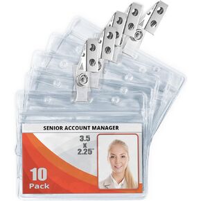 Mifflin-USA Horizontal Plastic Card Holder with Metal Clip and Vinyl Straps (Clear, 3.5x2.25 Inch, 100 Pack), Waterproof PVC ID Name Badge Holder with Clip