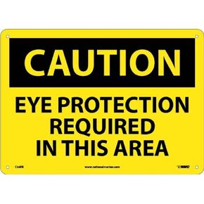 NMC C26RB OSHA Sign, "CAUTION EYE PROTECTION REQUIRED IN THIS AREA", 14" Width x 10" Height, Rigid Plastic, Black On Yellow