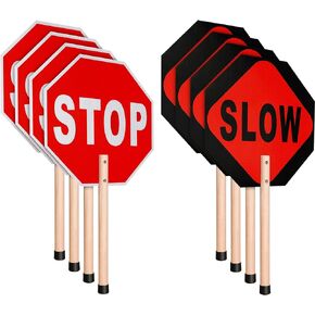 Stop Slow Sign Handheld Stop Sign with Handle 13 x 13 Crossing Guard Stop Signs Double Sided Reflective Signs UV Protected Waterproof, Weather Resistant, Easy to Mount, Aluminum, Wood (4 Pcs)