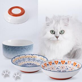 ZYUTONG Whisker Fatigue Cat Bowl, 3PCS Ceramic Cat Bowl Set, 2 Shallow Cat Food Dish + 1 Wide Cat Water Bowl, Small Cute Cat Plates for Indoor Cats, Healthy, Non-Slip, Quiet