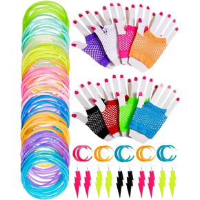 108 Pieces Neon Costume Accessories 8 Pairs Neon Gloves Fingerless Fishnet Gloves 10 Pairs Retro Neon Earrings Dangle Earrings 90 Pcs Colorful Jelly Bracelets Luminous Hair Ties for 80s Party Supplies